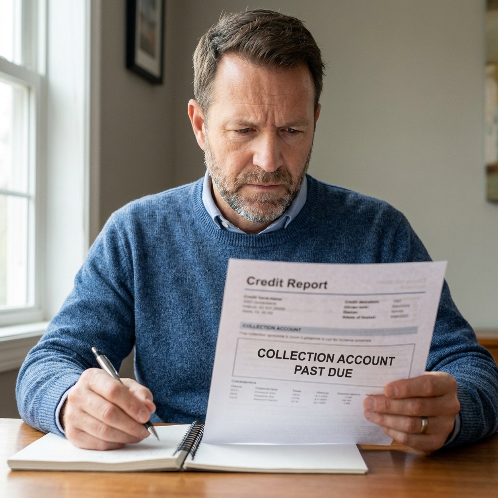 A person reviewing a credit report page that lists a collection account entry, with a notebook and pen nearby