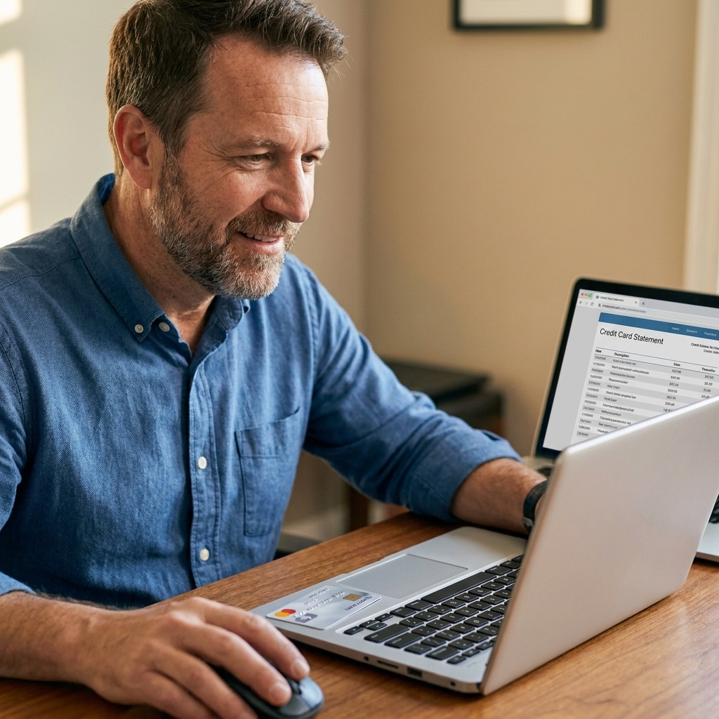A person reviewing a monthly credit card statement on a laptop with a credit card placed beside the keyboard
