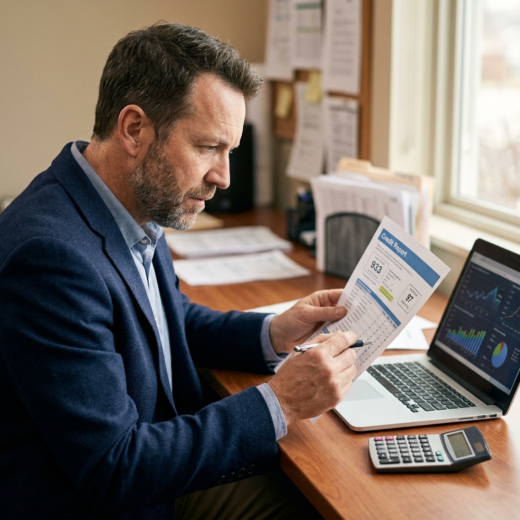 A person reviewing a printed credit report at a desk with a calculator and a laptop, carefully checking account details