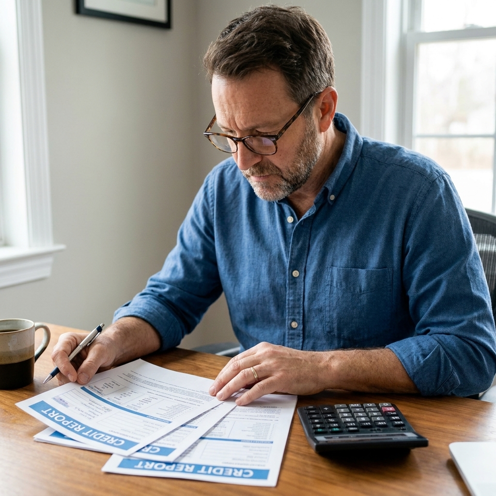 A person reviewing printed credit report pages at a desk with a pen and a calculator