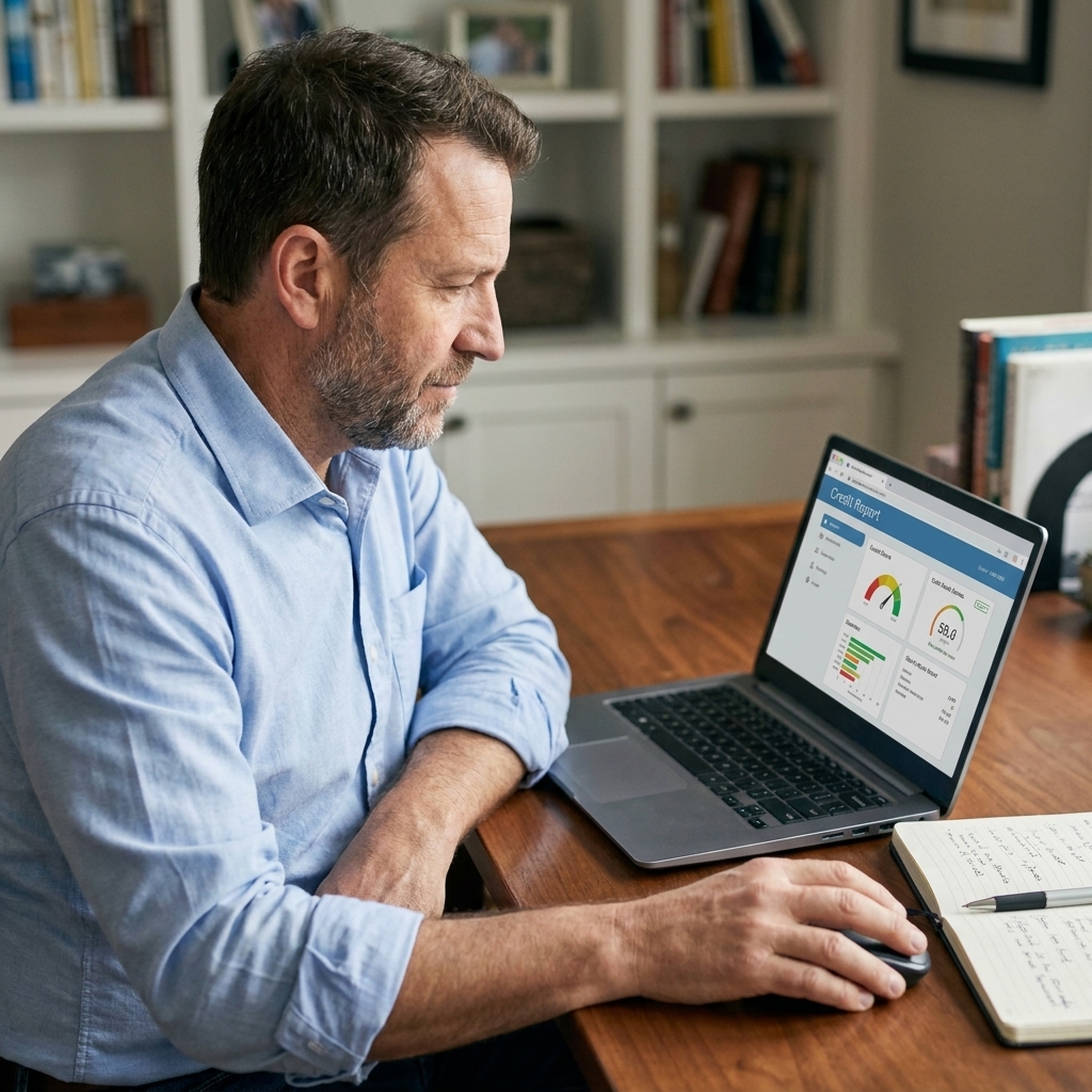 A person scrolling through a credit report on a laptop screen at a desk with a notebook nearby.