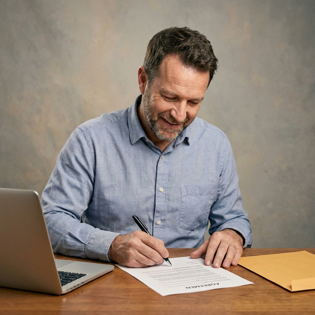 A person seated at a desk signing a printed agreement with a pen, with a laptop and envelope nearby