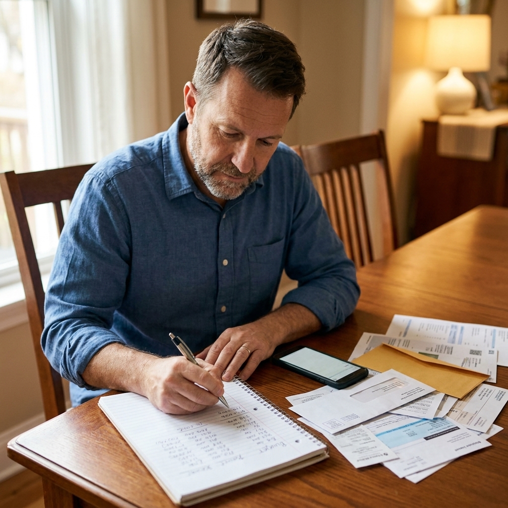 A person seated at a dining table writing a budget in a notebook next to a phone and scattered mail