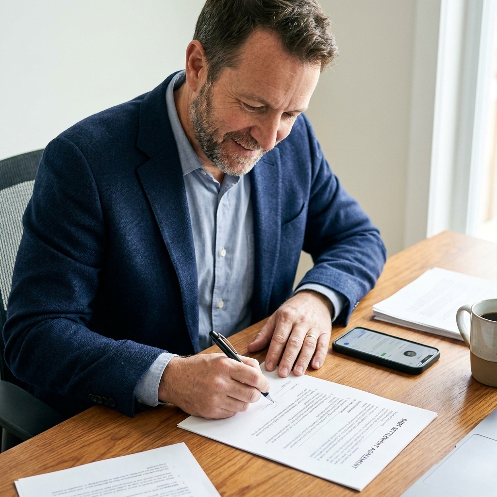A person signing a debt settlement agreement on a desk with a pen and phone nearby