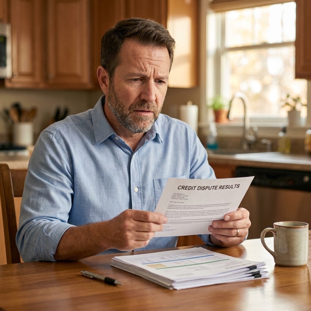 A person sits at a kitchen table opening a credit dispute results letter, with organized documents and a pen nearby.