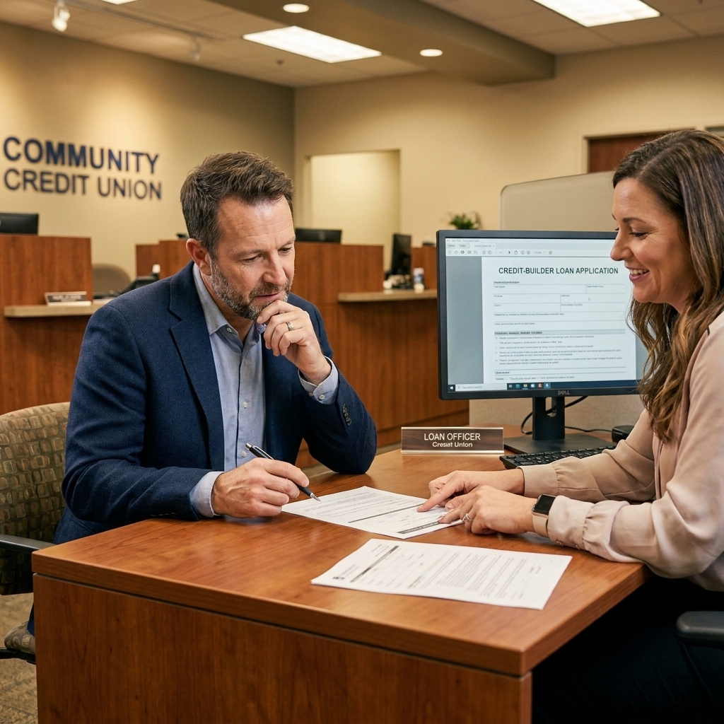 A person sitting across from a loan officer at a credit union desk, reviewing paperwork for a small credit-builder loan