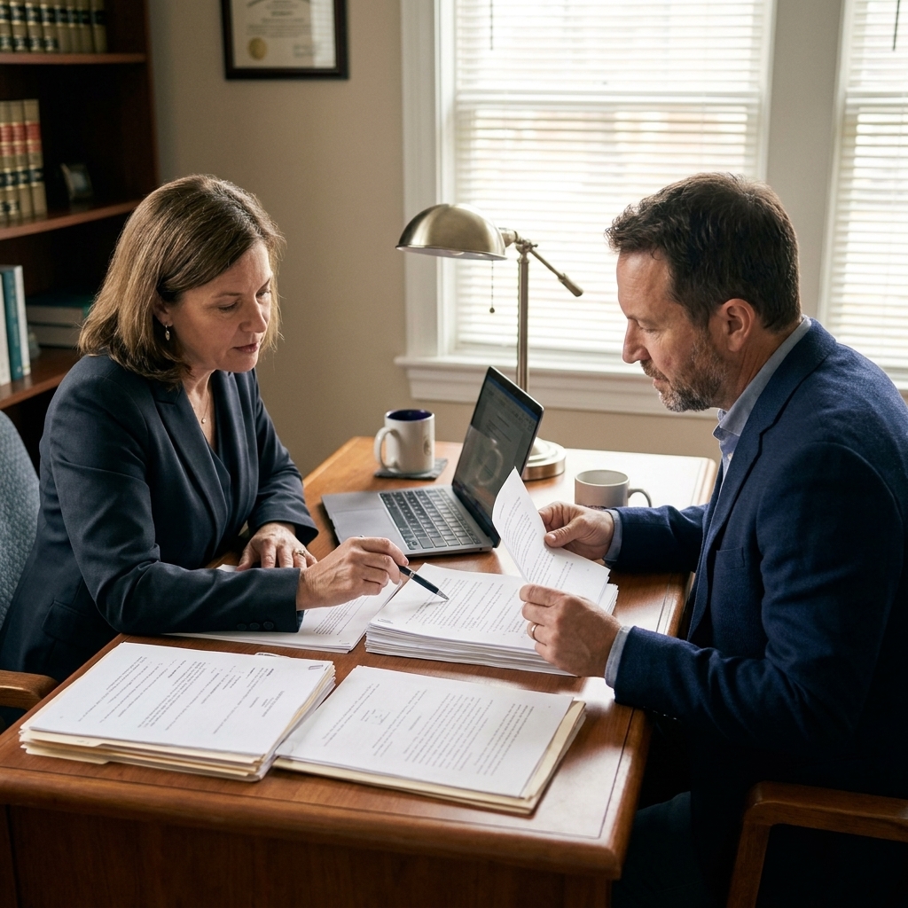 A person sitting across from an attorney in a small office, reviewing paperwork on a desk in a quiet meeting, realistic photograph