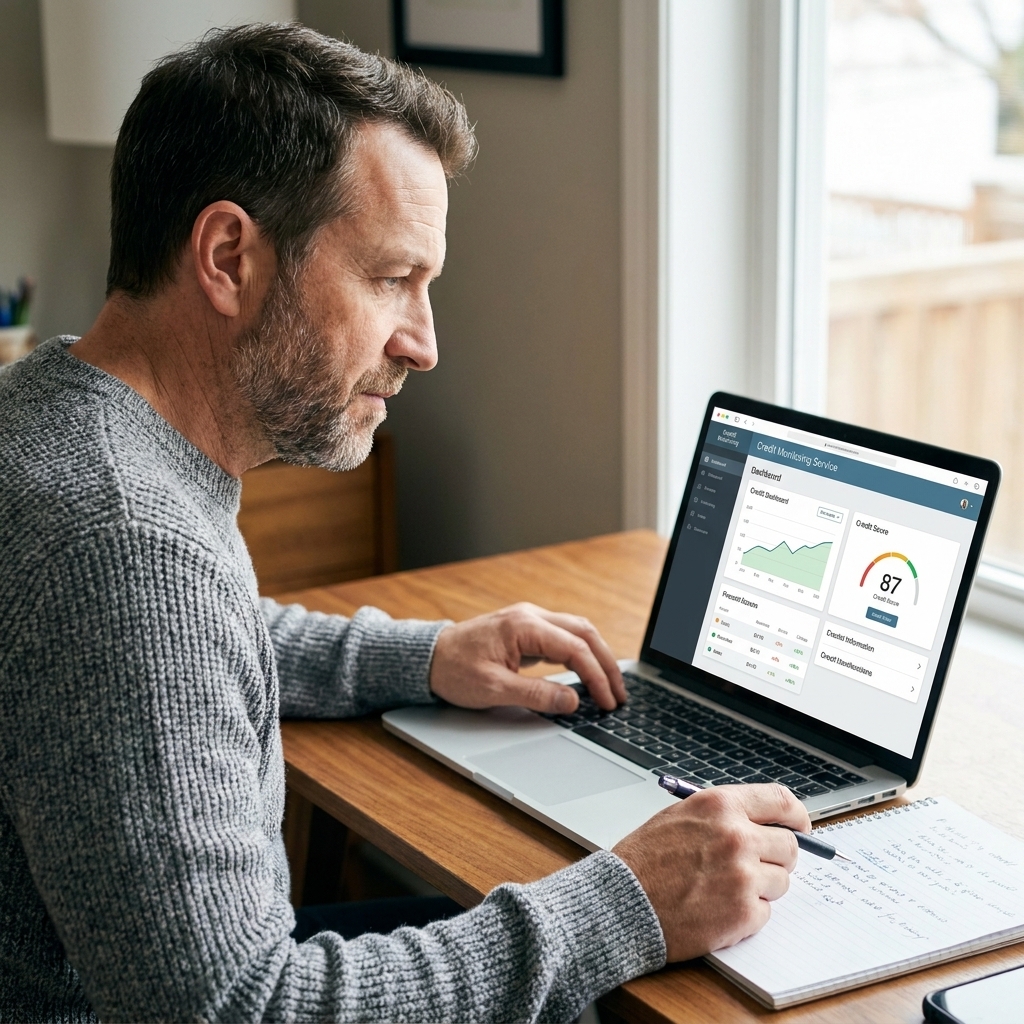 A person sitting at a desk looking at a laptop screen while reviewing a credit monitoring account, with a notebook and pen nearby