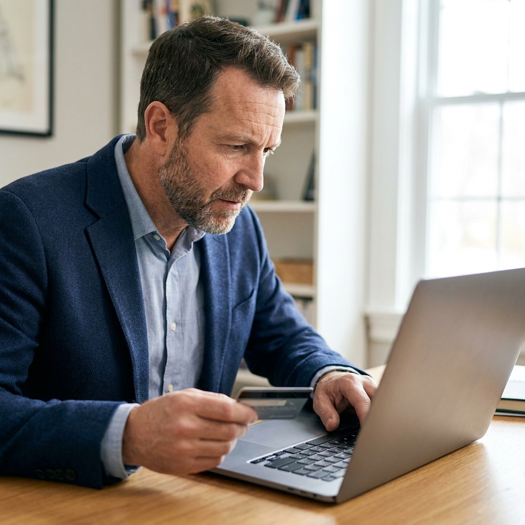 A person sitting at a desk looking at a laptop screen while holding a credit card, focused and reviewing credit report information
