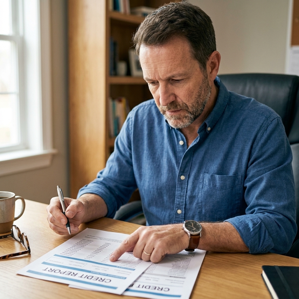 A person sitting at a desk reviewing a printed credit report with a pen in hand, focusing on account details and dates