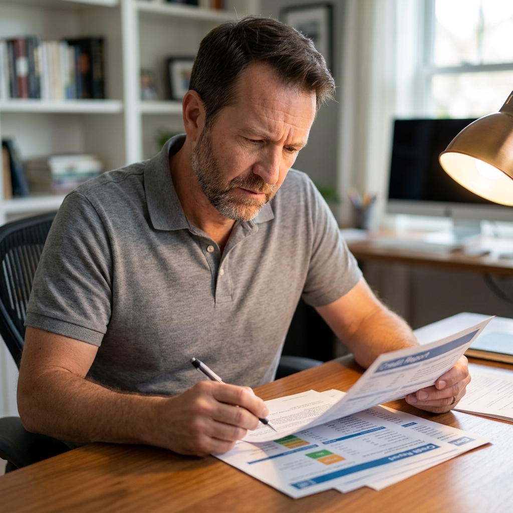 A person sitting at a desk reviewing printed credit report pages with a pen in hand