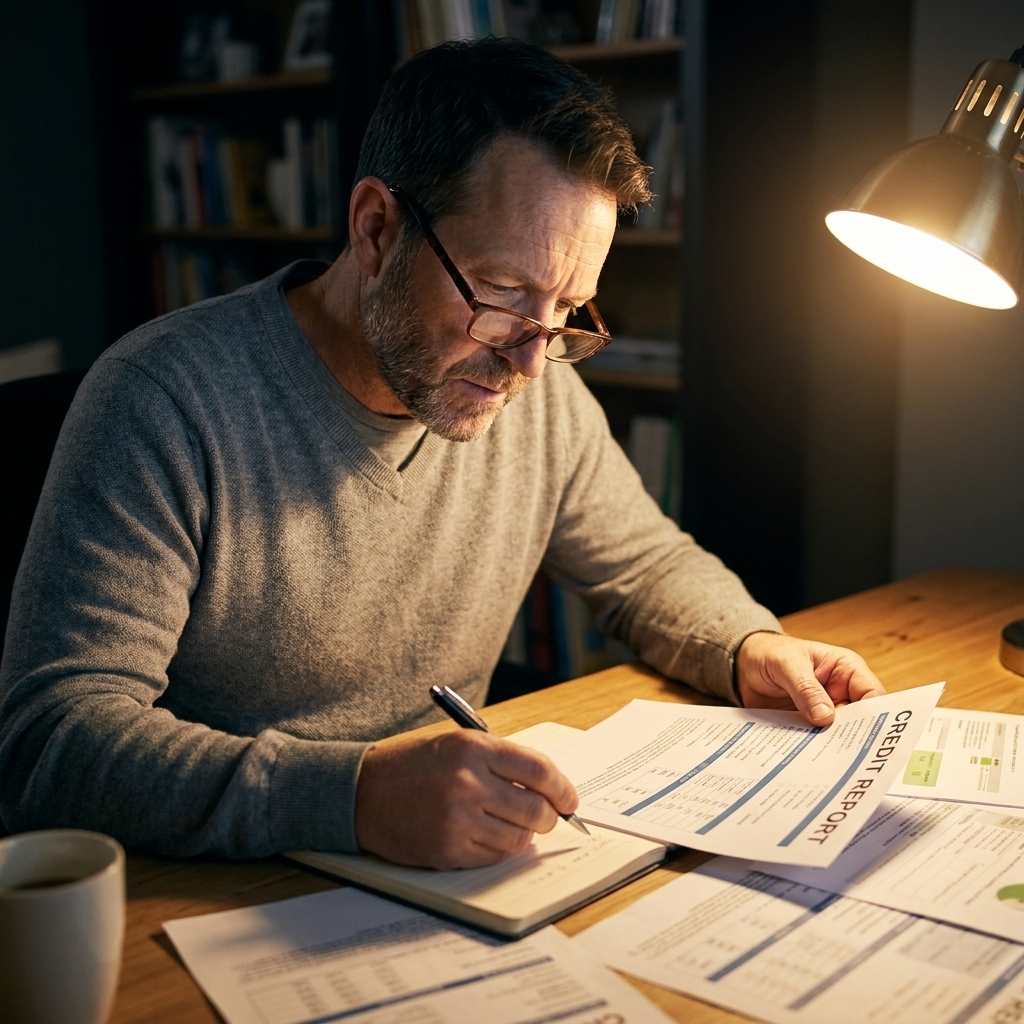 A person sitting at a desk reviewing printed credit report pages with a pen and a notebook, warm lamp light, realistic candid photo