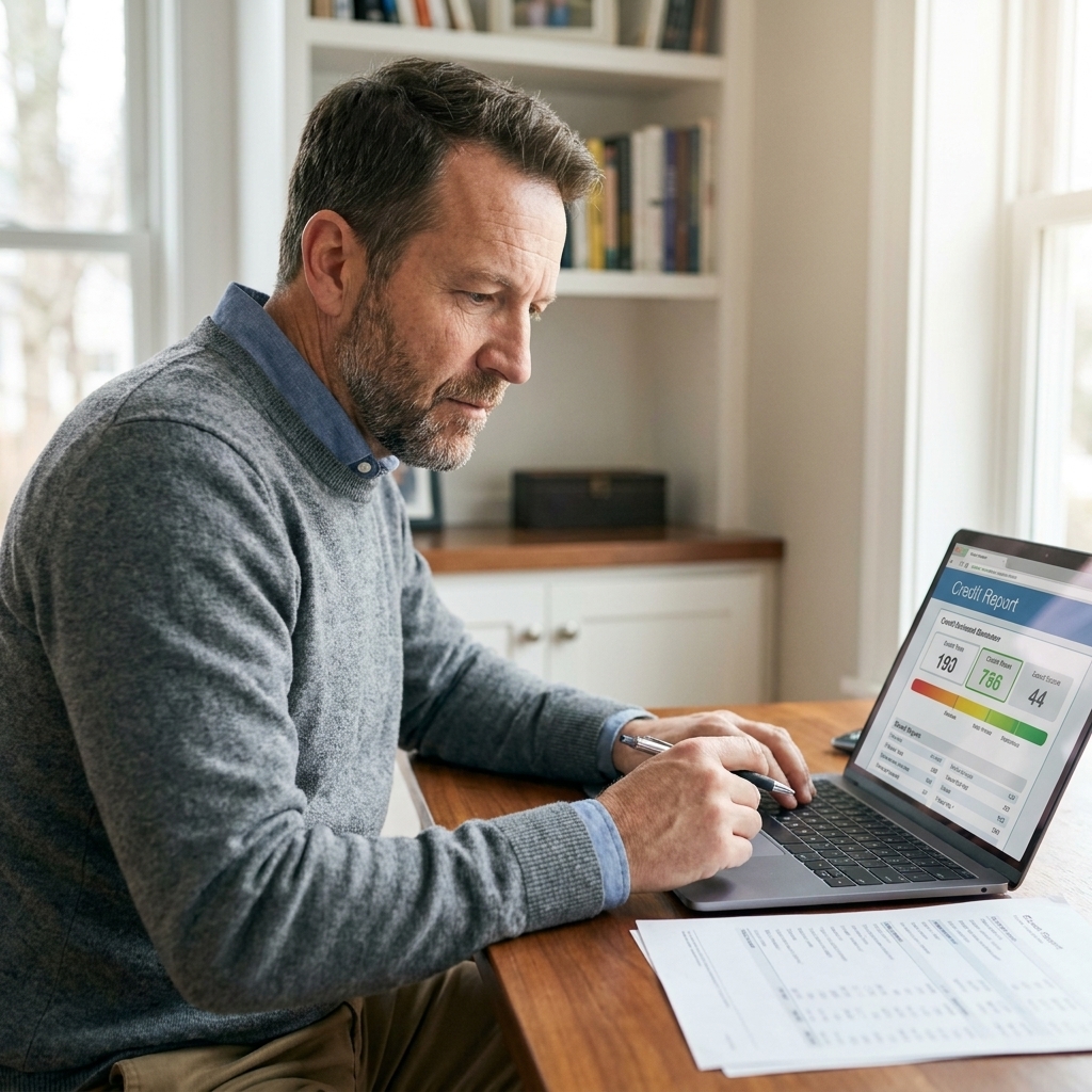 A person sitting at a desk reviewing their credit report on a laptop with papers and a pen nearby