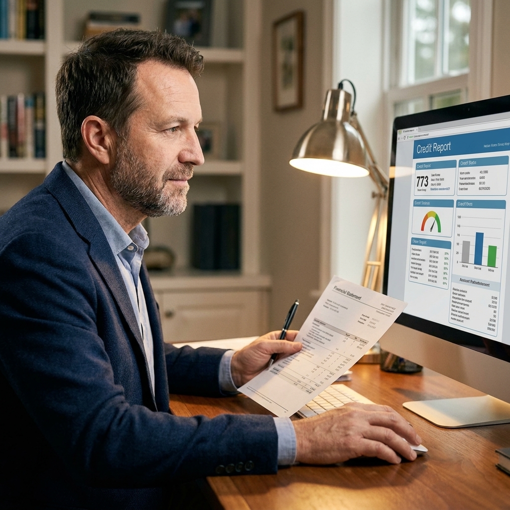A person sitting at a desk scrolling through a credit report on a computer monitor while holding a pen and a printed statement