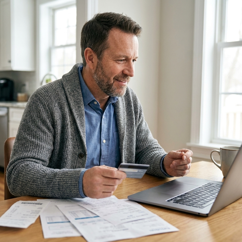 A person sitting at a desk using a laptop and holding a credit card while reviewing monthly bills