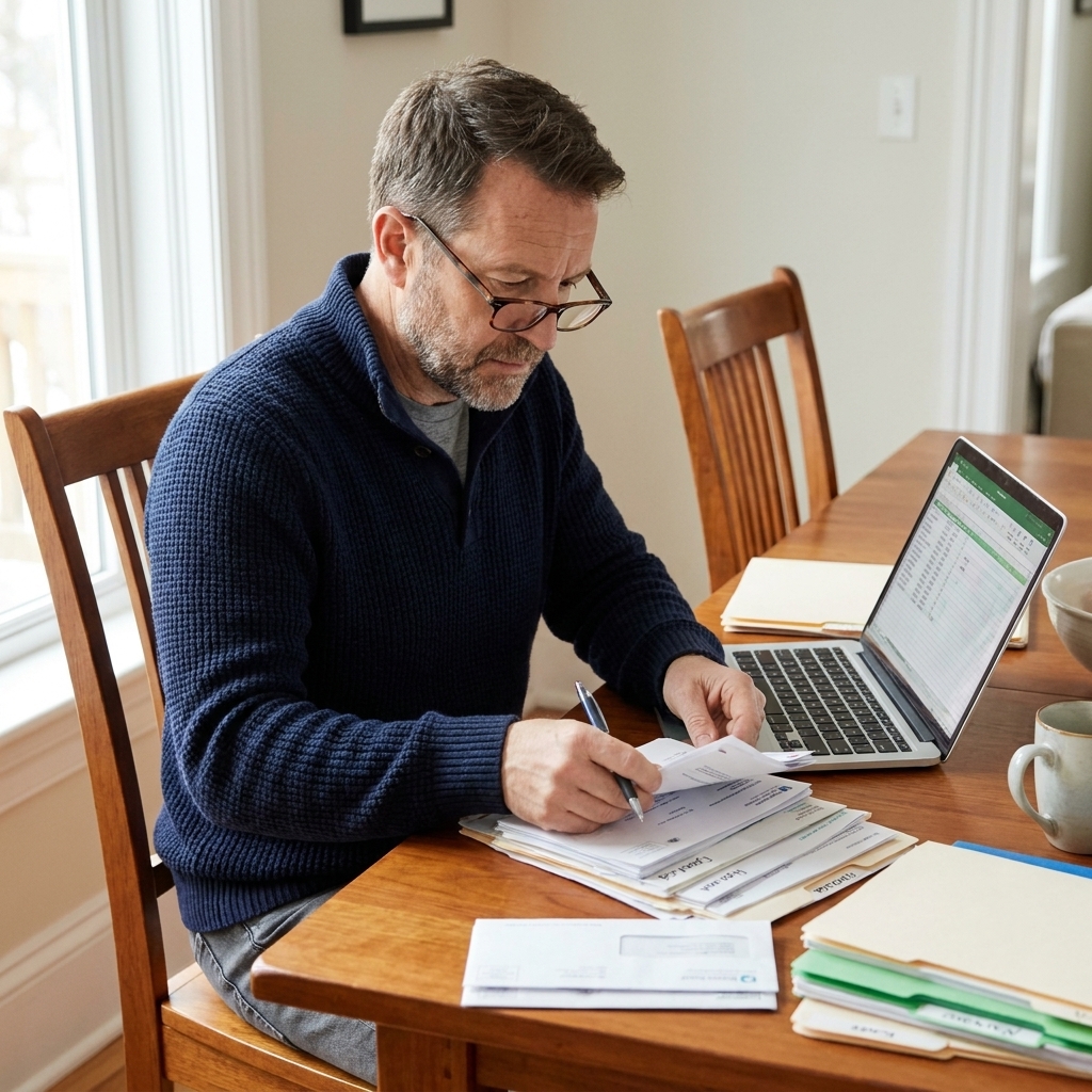 A person sitting at a dining table sorting mail and bills with a laptop open, looking focused and organized