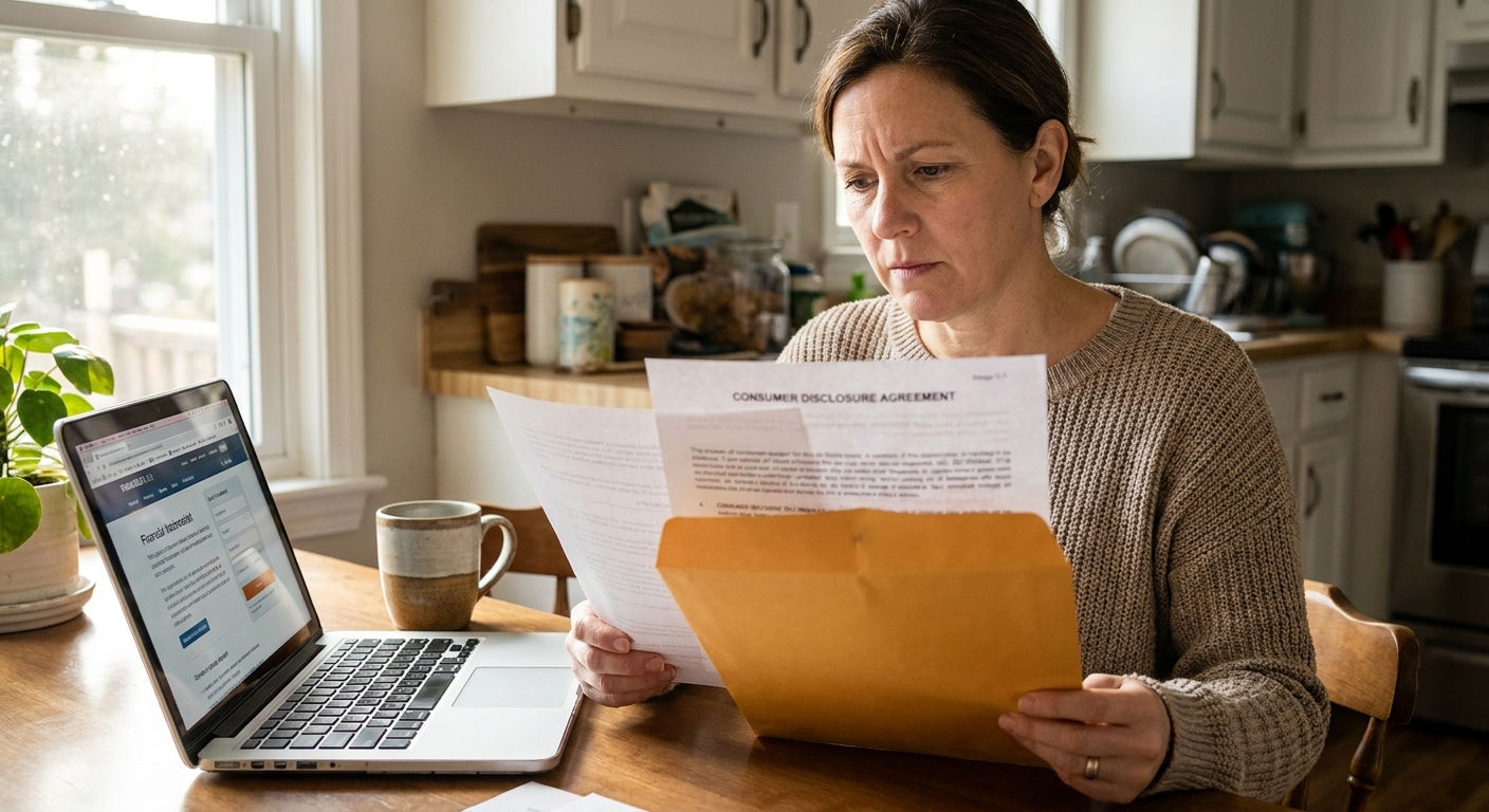 A person sitting at a kitchen table holding an envelope and printed consumer disclosure paperwork, with a laptop open nearby, natural home lighting