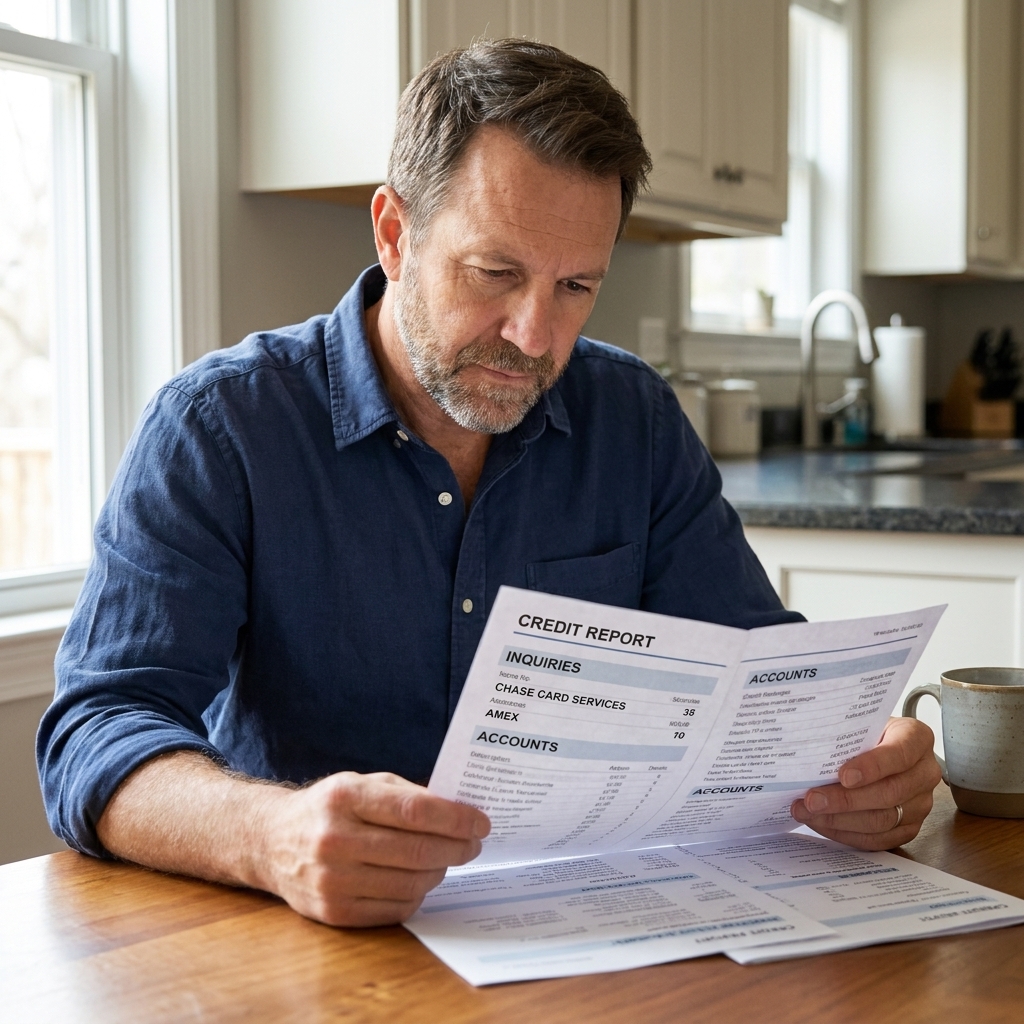 A person sitting at a kitchen table reviewing a printed credit report, with the inquiries section visible among other account details