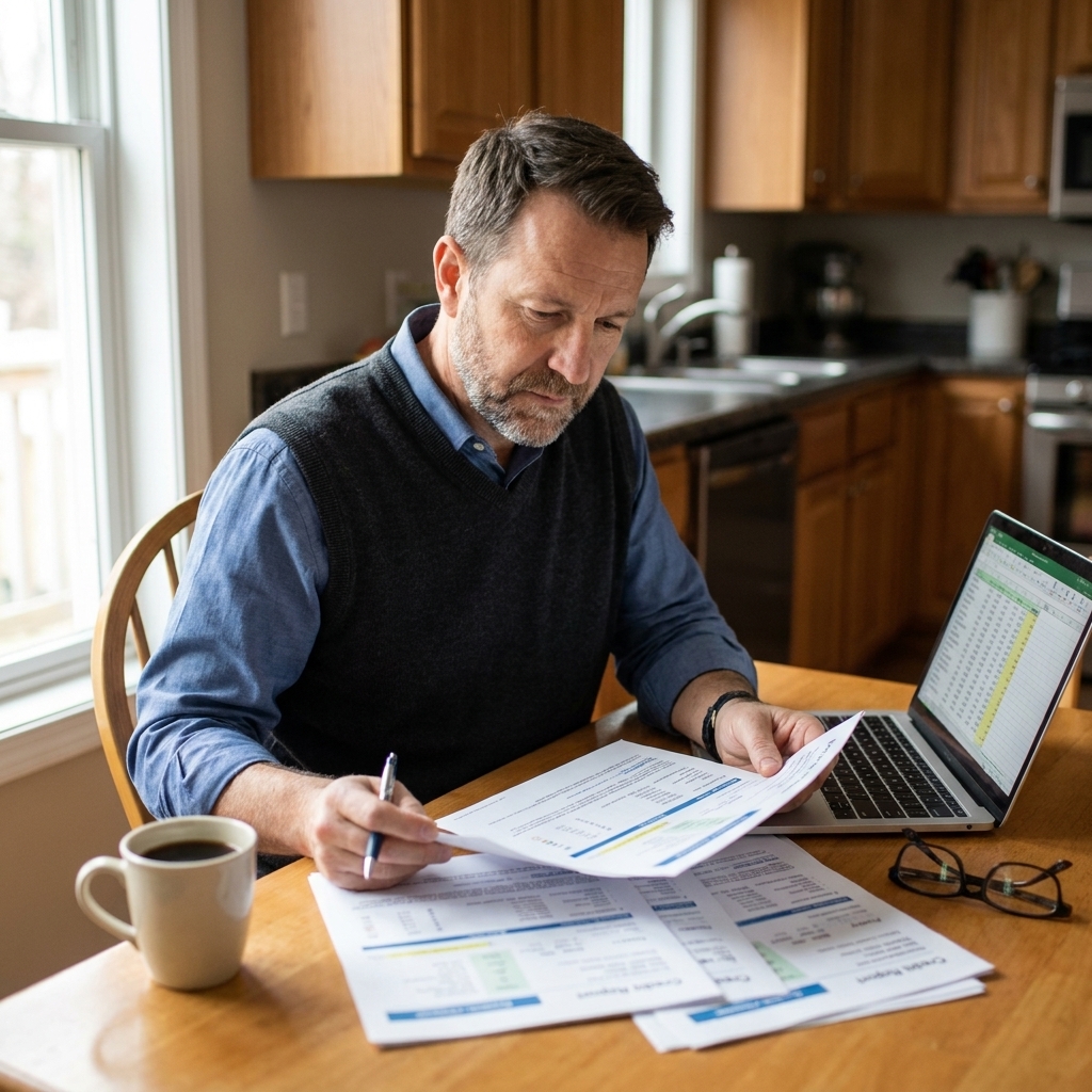 A person sitting at a kitchen table reviewing printed credit reports with a laptop open