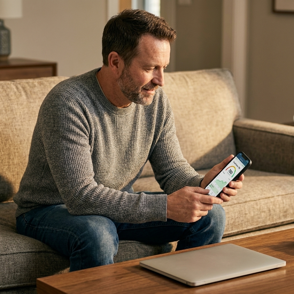 A person sitting on a couch holding a smartphone and reviewing a credit score app while a laptop rests closed on the coffee table