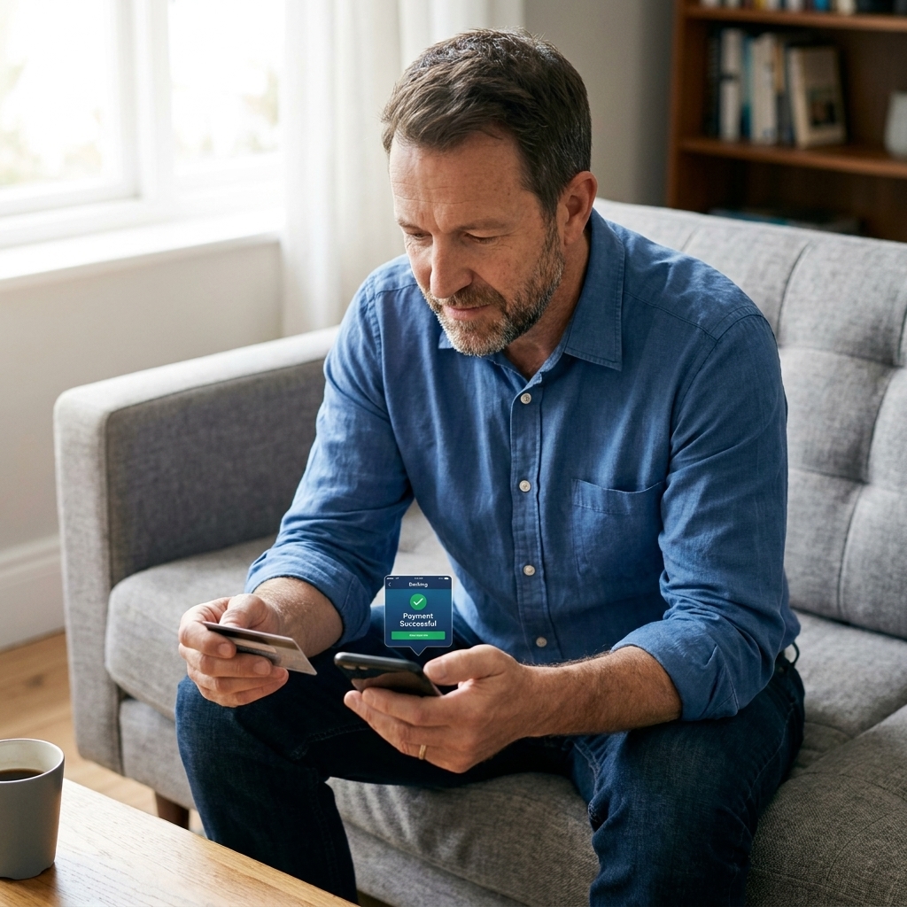 A person sitting on a couch making a credit card payment using a mobile banking app on their phone