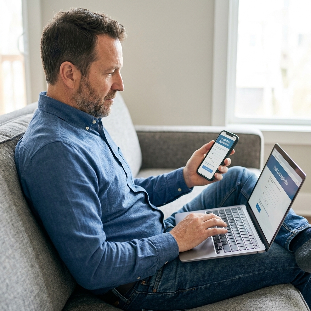 A person sitting on a couch using a laptop and smartphone to review a credit card application