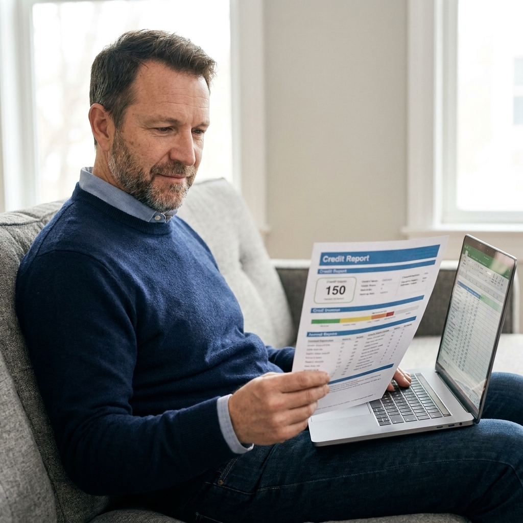 A person sitting on a couch with a laptop open and a printed credit report in hand, focused and calm.