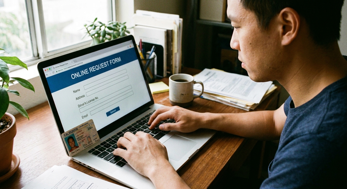A person typing on a laptop at a desk while viewing an online request form, with a driver’s license placed beside the keyboard