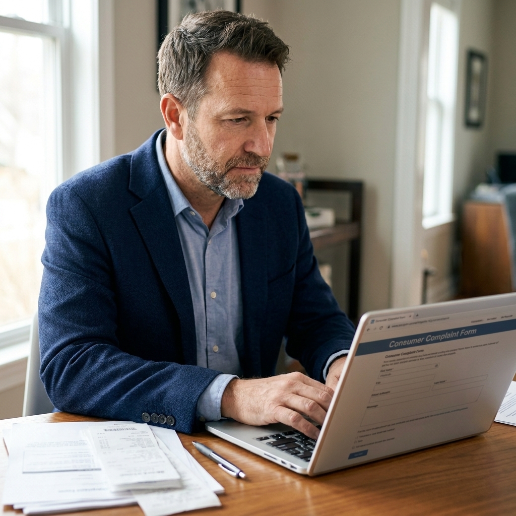 A person uses a laptop at a desk to complete an online consumer complaint form, with supporting documents set to the side.