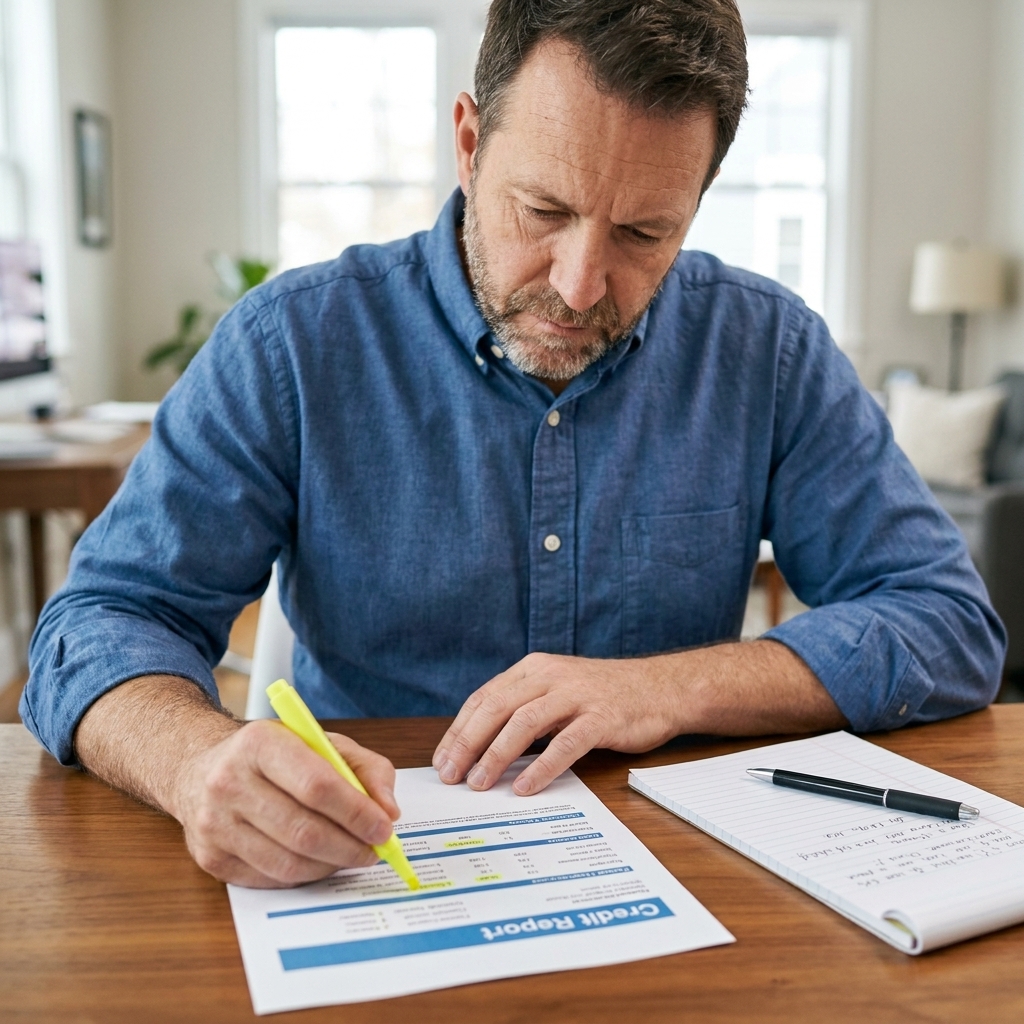A person using a highlighter to mark incorrect entries on a printed credit report next to a notepad and pen
