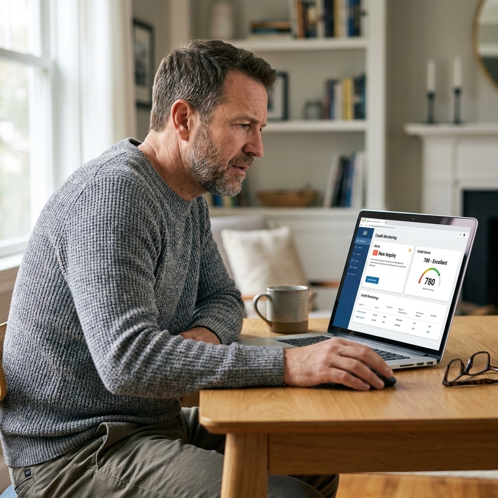 A person viewing a credit monitoring app on a laptop at home, with alerts and account summaries on the screen