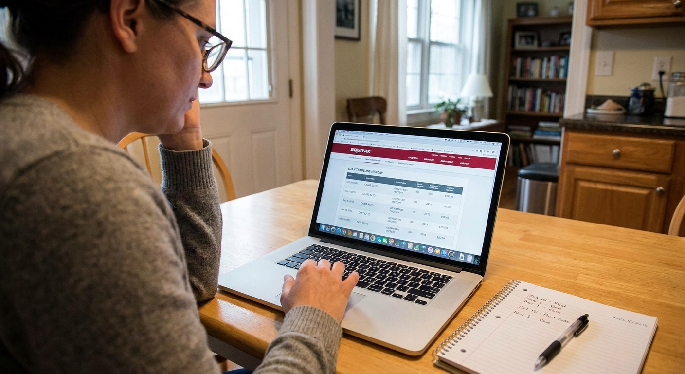 A person viewing a credit report on a laptop, with the loan tradeline section visible and a notepad nearby for tracking dates