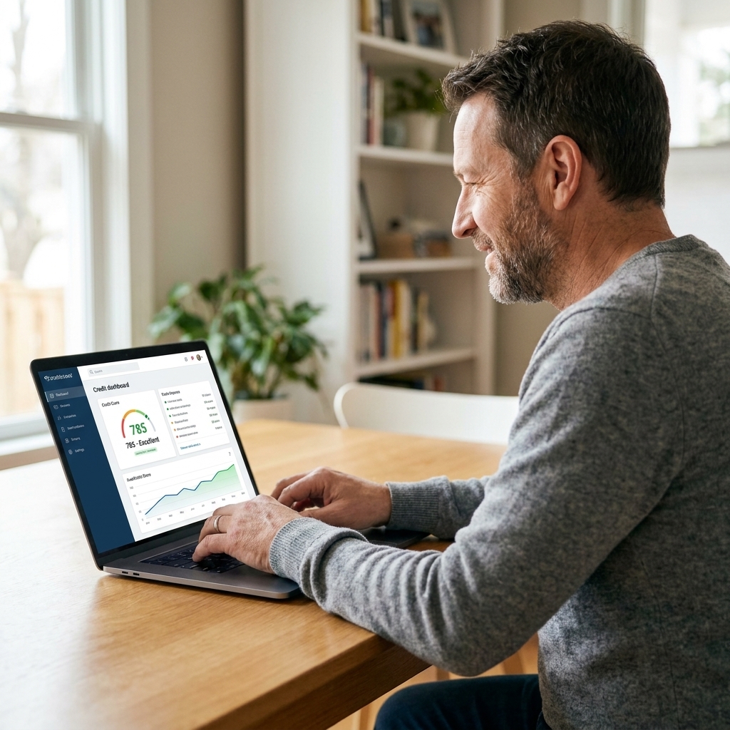 A person viewing a credit score dashboard on a laptop at home with hands on the keyboard
