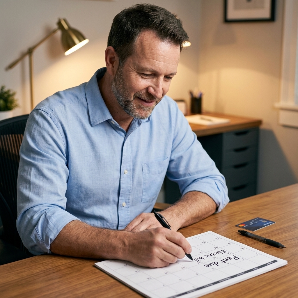 A person writing payment reminders on a paper calendar at a desk with a credit card and a pen nearby, warm indoor lighting