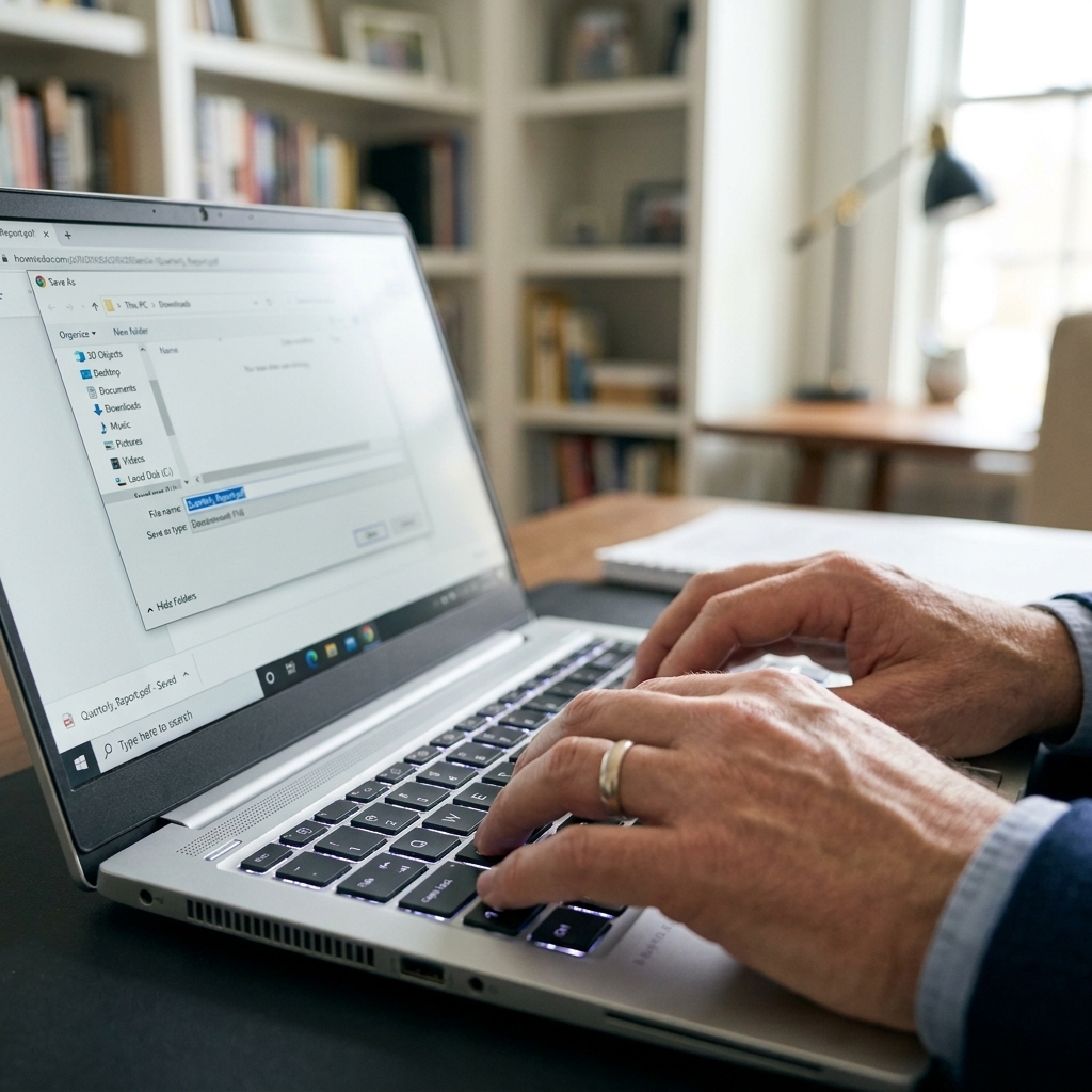 A person’s hands on a laptop keyboard while saving a PDF file, with a simple downloads window visible, realistic home office setting