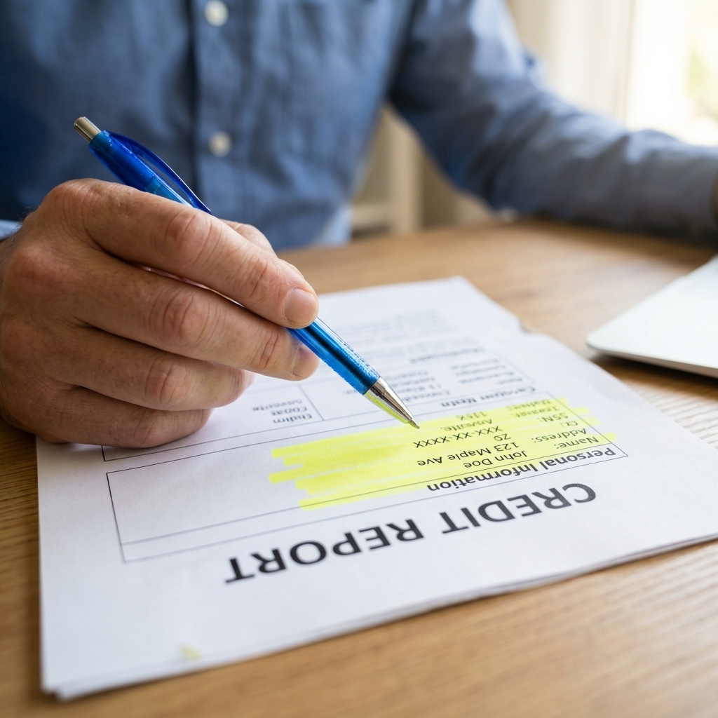 A printed credit report page with the personal information section highlighted while a hand holds a pen