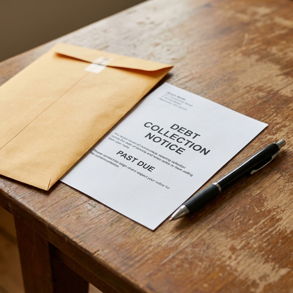 A sealed envelope and a printed debt collection notice sitting on a wooden table next to a pen.