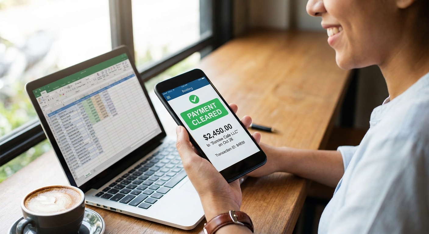 A smartphone banking app showing a cleared payment transaction while a person sits at a table with a laptop open