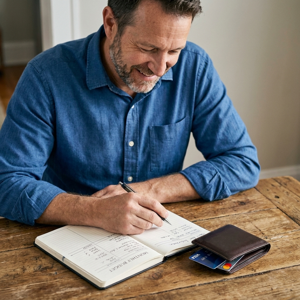 A wallet and two credit cards on a table next to a monthly budget notebook.
