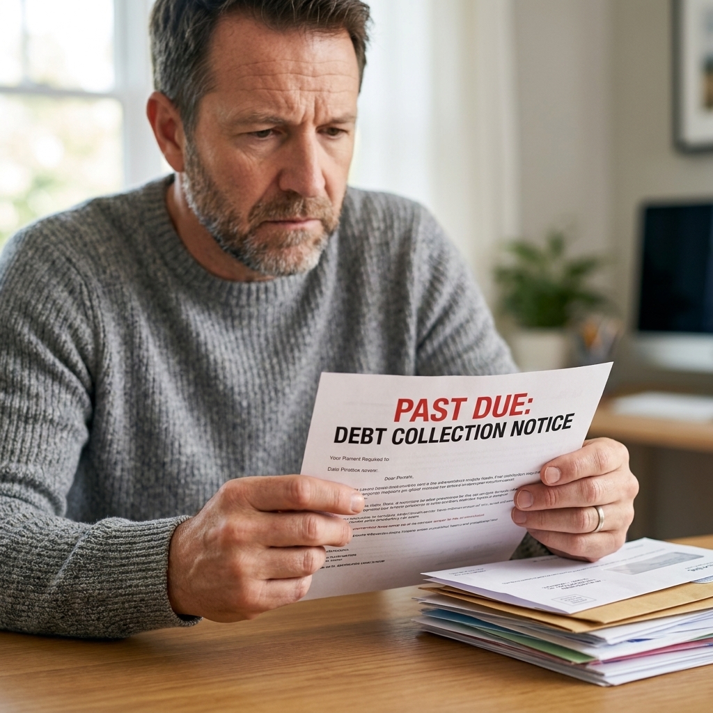 Hands holding a debt collection notice while sitting at a table with other mail stacked nearby.