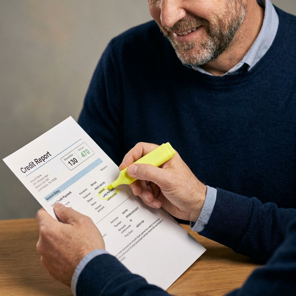 Hands holding a printed credit report while highlighting a single late payment entry
