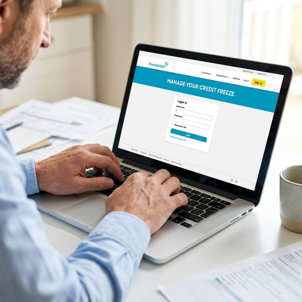 Hands typing on a laptop while logging into a TransUnion account to manage a credit freeze