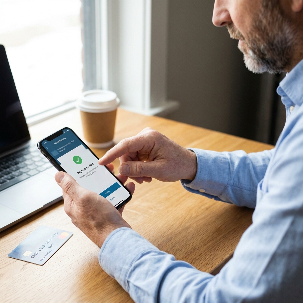 Hands using a smartphone banking app next to a credit card on a table, poised to make an online payment, realistic candid photo