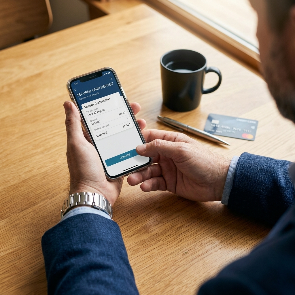 Hands using a smartphone banking app to transfer money for a secured card deposit, with a coffee cup on the table