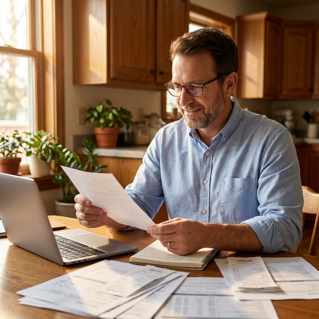 Julian Hayes at a kitchen table with a laptop and a notebook, reviewing personal finance paperwork in warm natural light