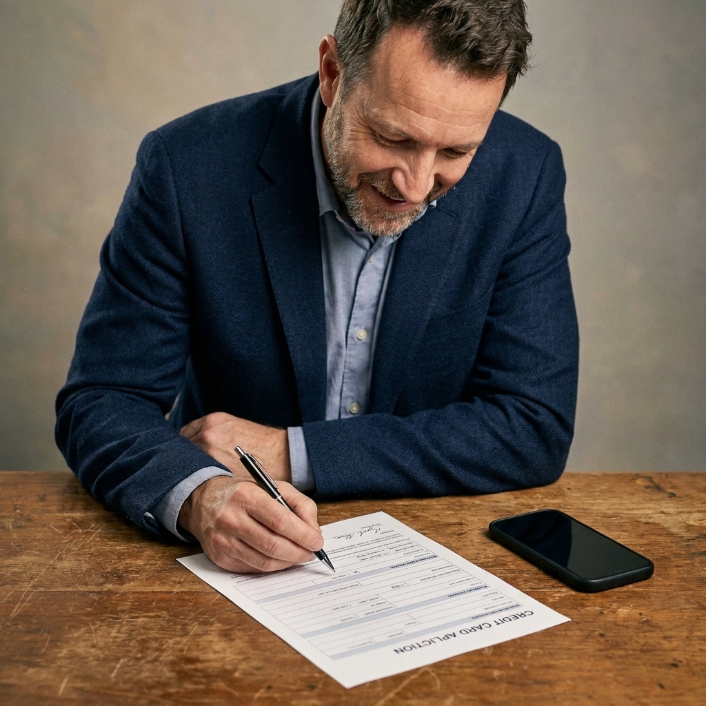 Paperwork for a credit card application on a desk next to a pen and a phone