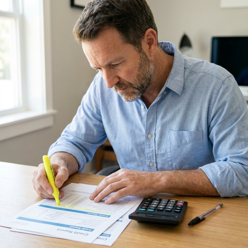 Printed credit report pages on a desk with a pen and calculator as someone highlights specific lines.