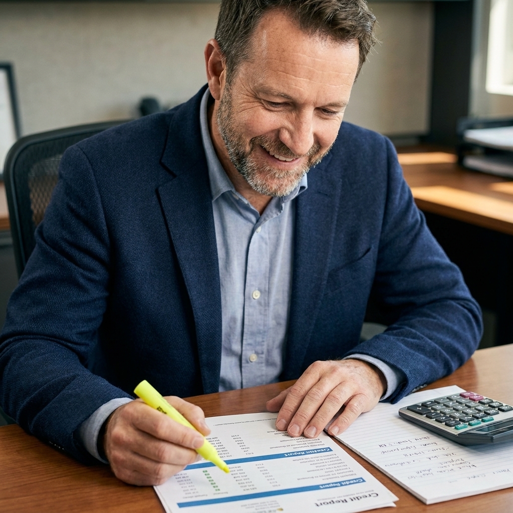 Printed credit reports on a desk with a highlighter, calculator, and notes