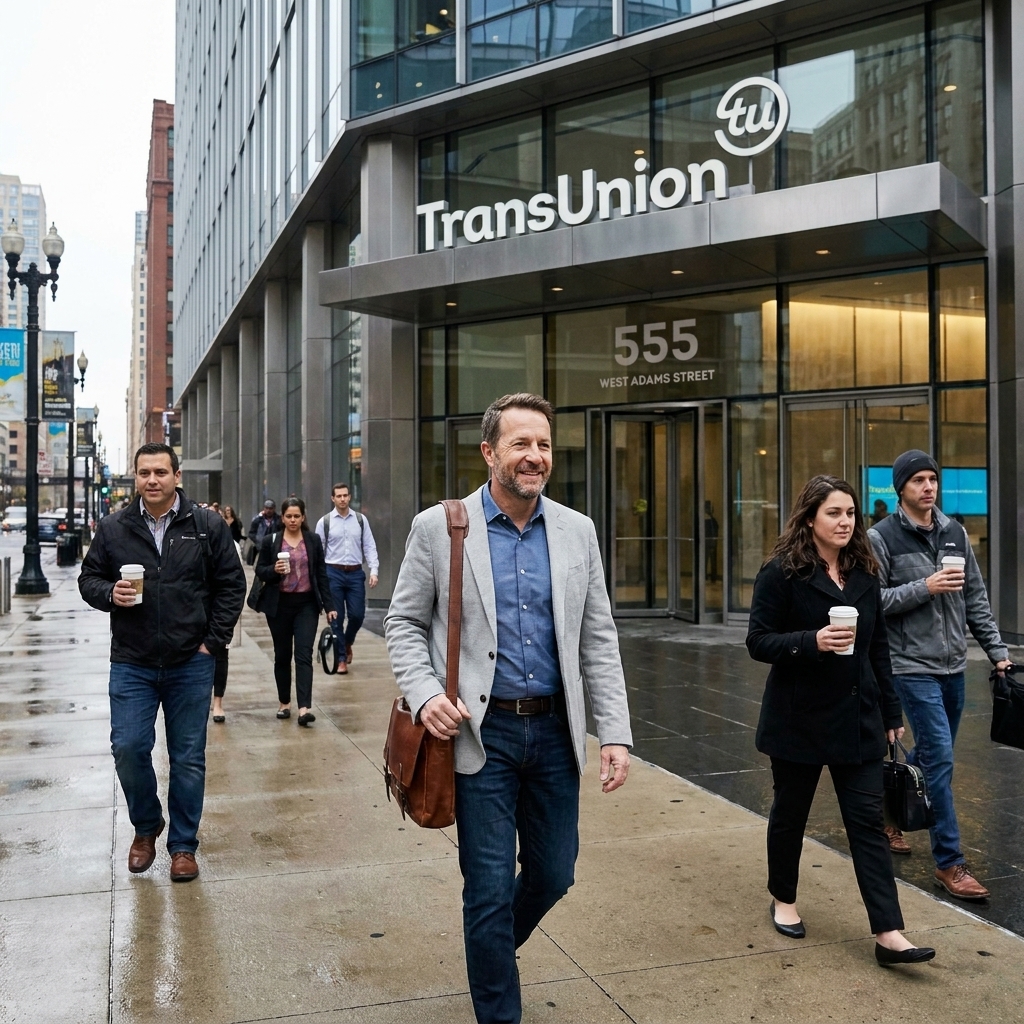 The TransUnion headquarters building in Chicago with people walking on the sidewalk
