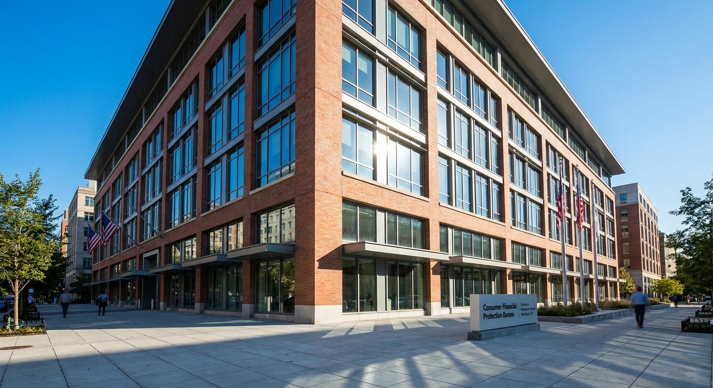 The exterior of the Consumer Financial Protection Bureau building in Washington, DC on a clear day